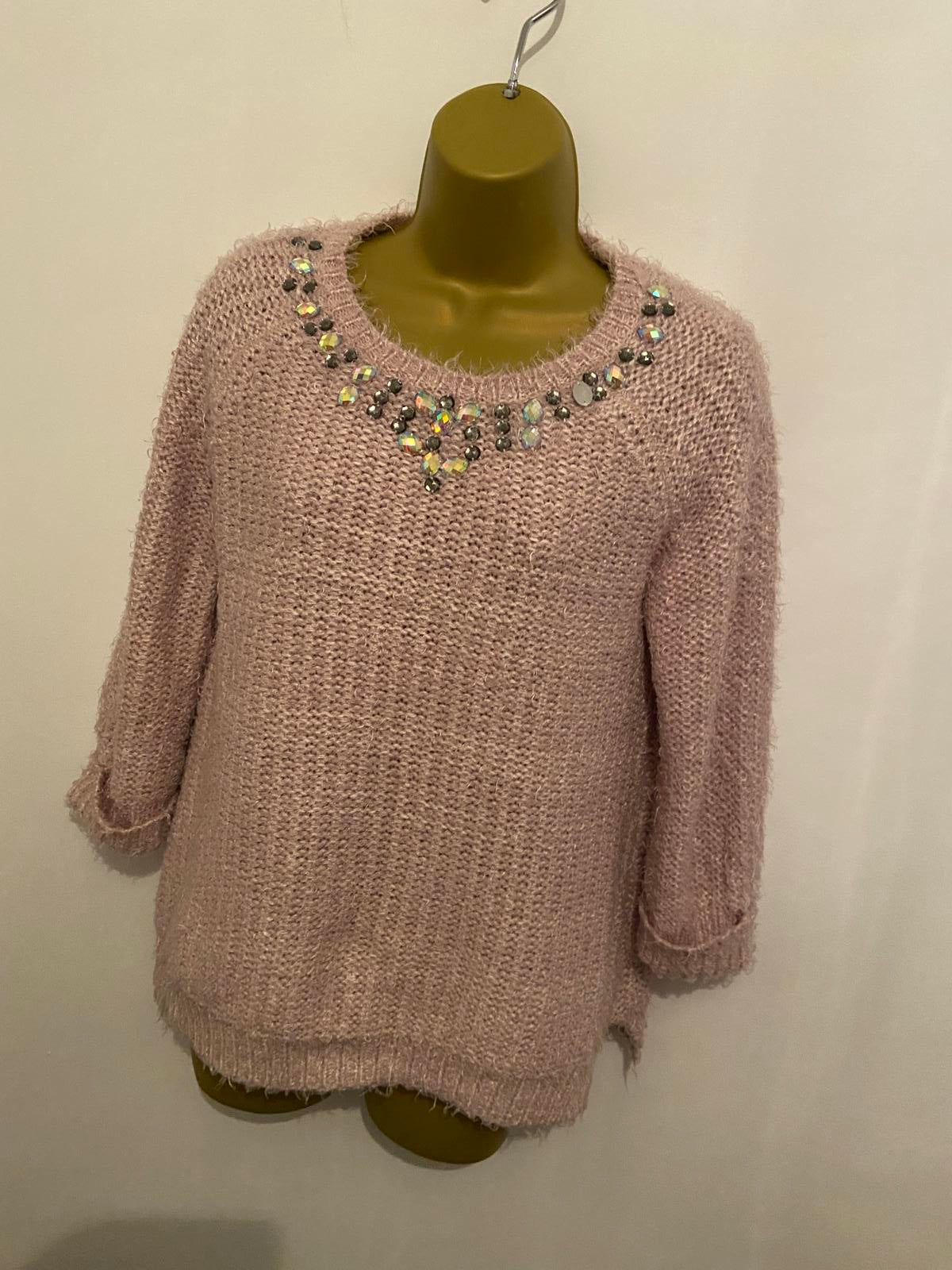 Dunnes Stores Ladies Dusty Pink Fluffy Jumper - Sequin/Bead Neckline, Size Small