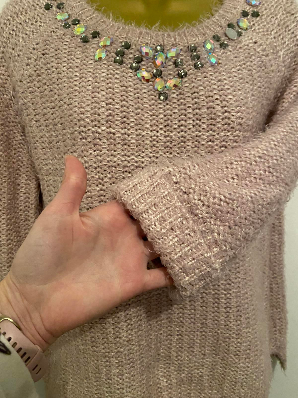 Dunnes Stores Ladies Dusty Pink Fluffy Jumper - Sequin/Bead Neckline, Size Small