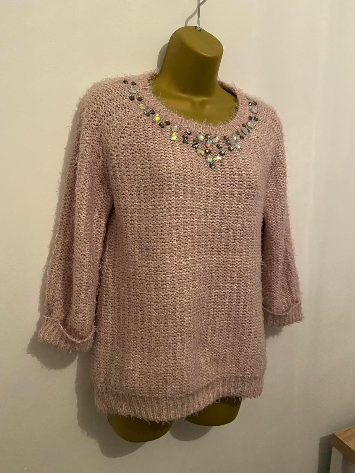 Dunnes Stores Ladies Dusty Pink Fluffy Jumper - Sequin/Bead Neckline, Size Small