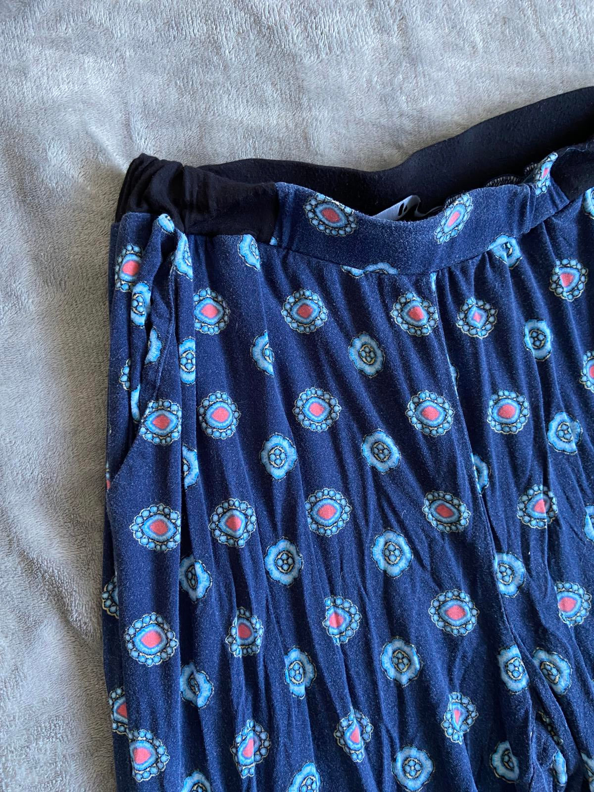 Very Size 12 Navy Patterned Trousers Elasticated Waist & Cuffs Casual