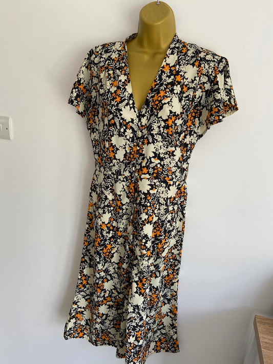 Great Plains London Autumn Floral Dress, Size 10, V-Neck, Button Down, Vintage