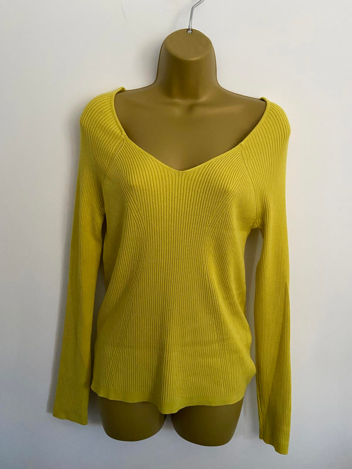 Primark Ladies Yellow Ribbed V-Neck Jumper - Bright Colour, Size XL 18-20