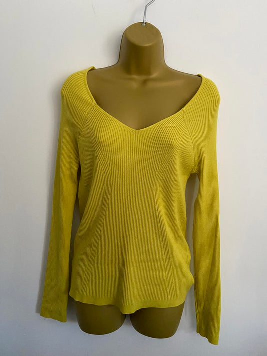 Primark Ladies Yellow Ribbed V-Neck Jumper - Bright Colour, Size XL 18-20