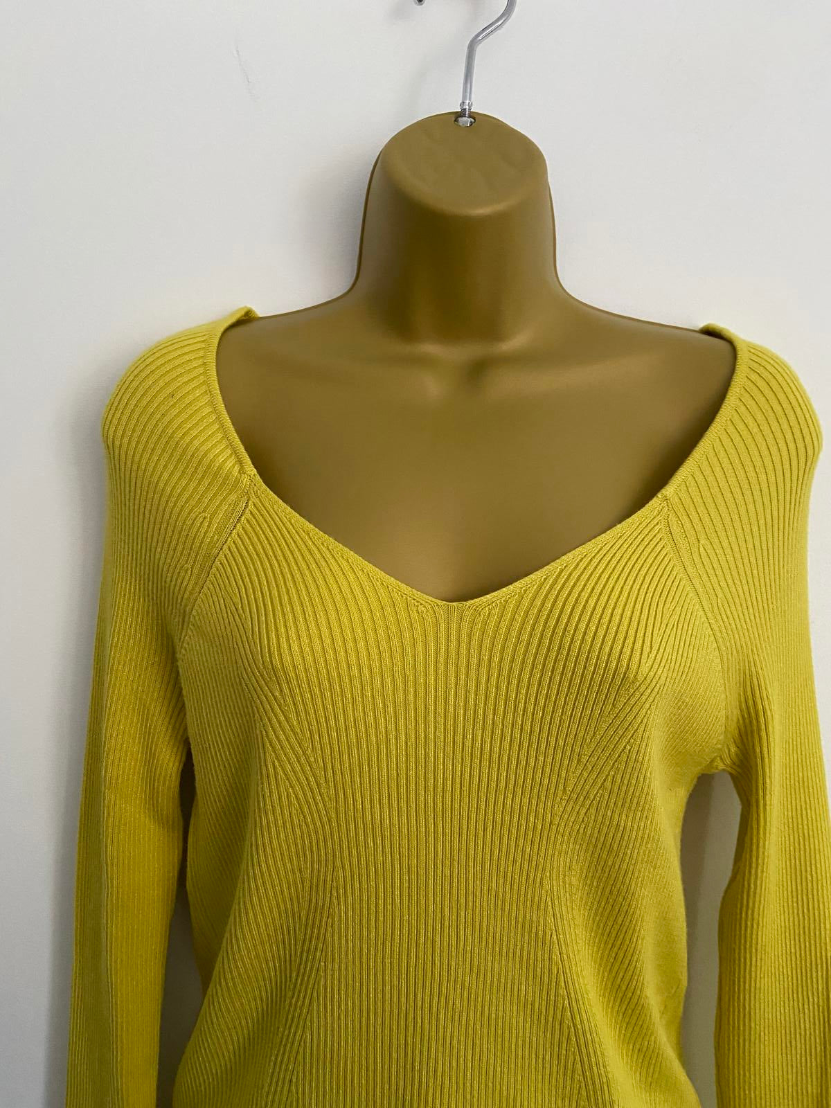 Primark Ladies Yellow Ribbed V-Neck Jumper - Bright Colour, Size XL 18-20