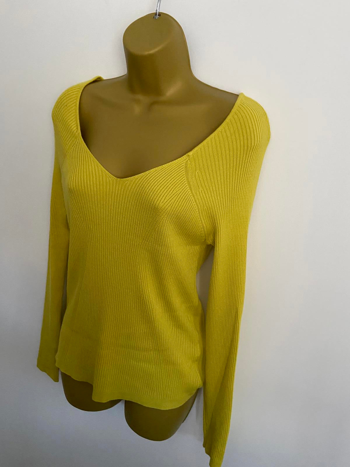 Primark Ladies Yellow Ribbed V-Neck Jumper - Bright Colour, Size XL 18-20