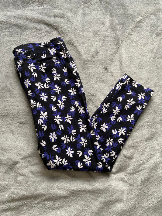 Dorothy Perkins Size 12 Black Floral Cropped Trousers Blue & White Print