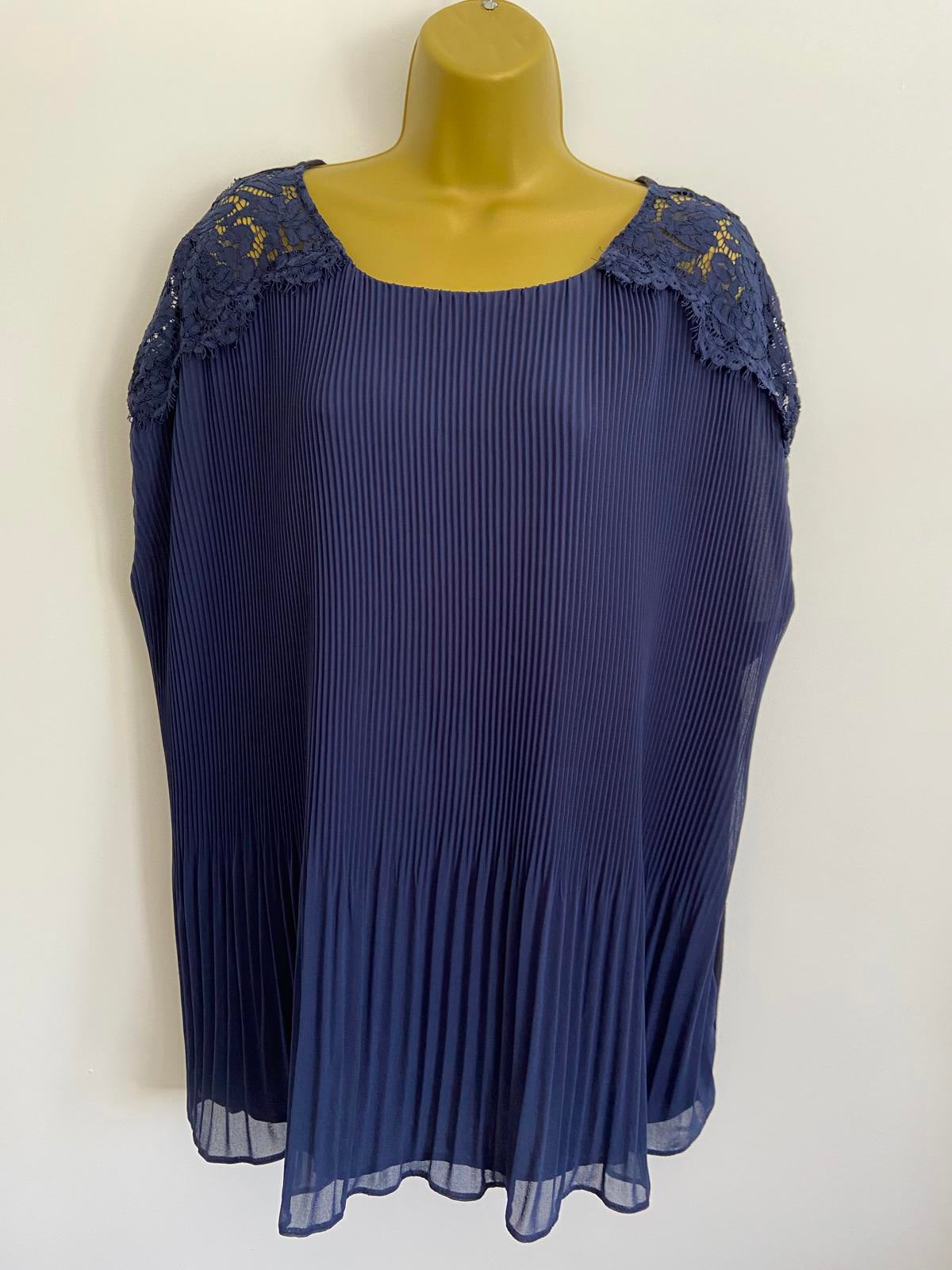 F&F Size 22 Navy Blue Pleated Blouse Lace Shoulder Detail 60cm P2P