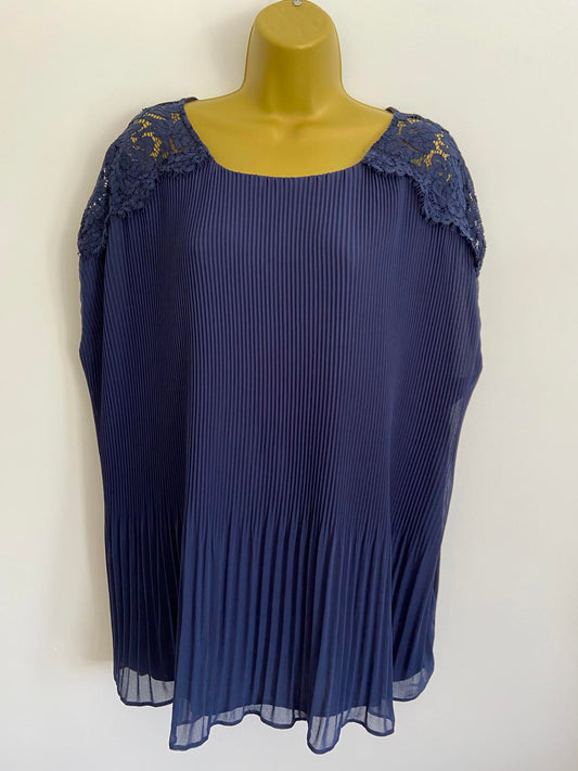 F&F Size 22 Navy Blue Pleated Blouse Lace Shoulder Detail 60cm P2P