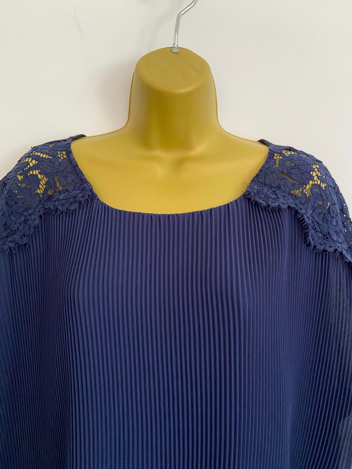 F&F Size 22 Navy Blue Pleated Blouse Lace Shoulder Detail 60cm P2P