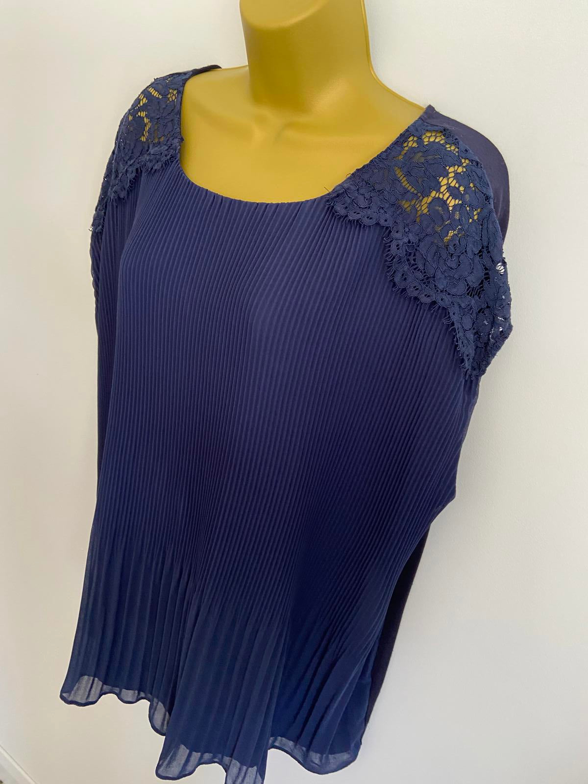 F&F Size 22 Navy Blue Pleated Blouse Lace Shoulder Detail 60cm P2P