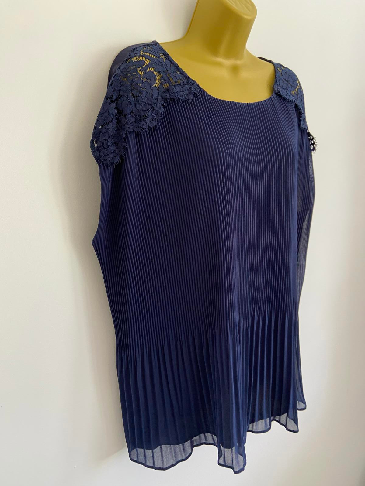 F&F Size 22 Navy Blue Pleated Blouse Lace Shoulder Detail 60cm P2P