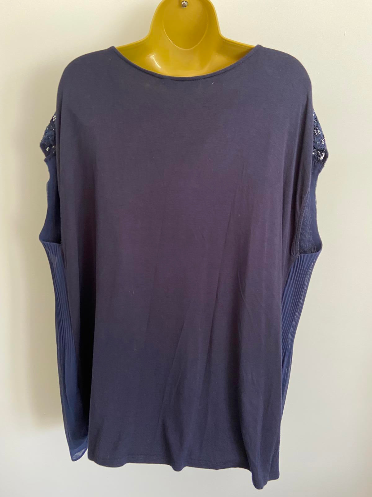 F&F Size 22 Navy Blue Pleated Blouse Lace Shoulder Detail 60cm P2P