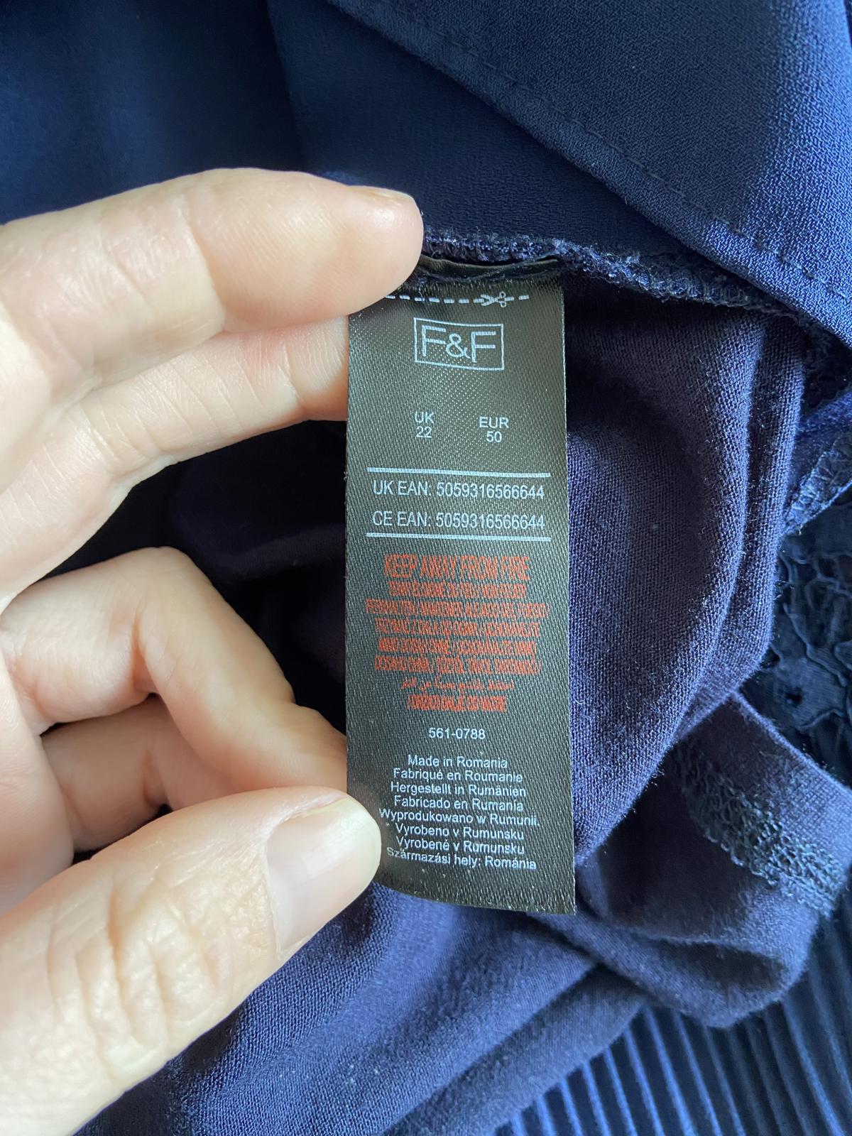 F&F Size 22 Navy Blue Pleated Blouse Lace Shoulder Detail 60cm P2P