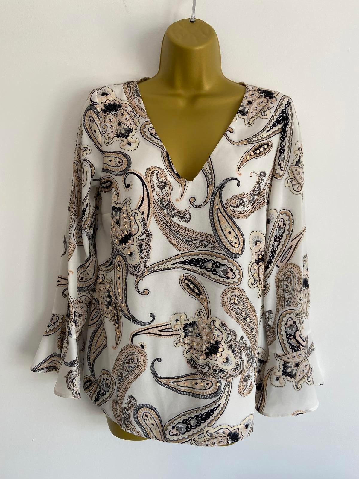 Wallis Size 8 White Paisley Sequin Bell Sleeve Top