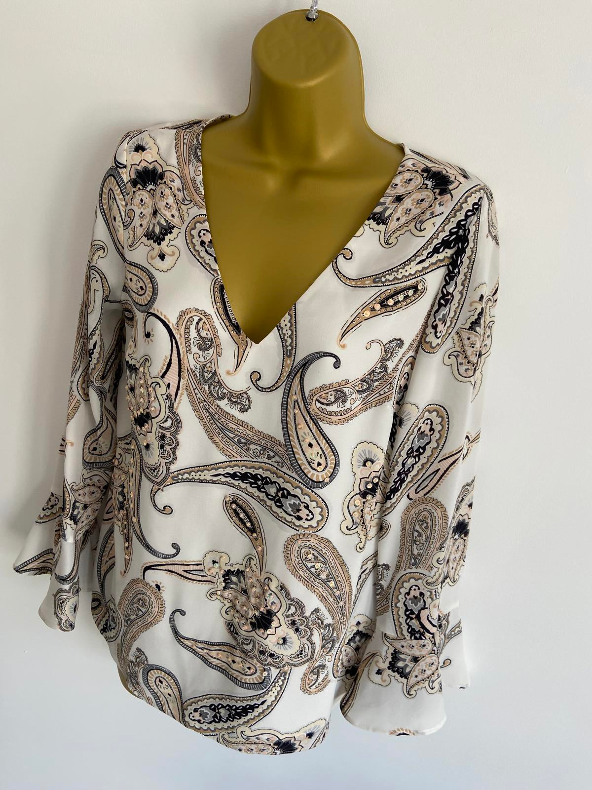 Wallis Size 8 White Paisley Sequin Bell Sleeve Top