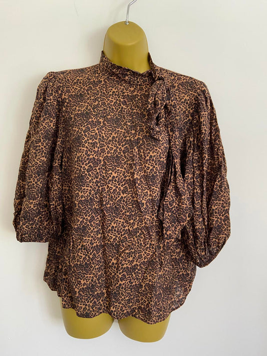 George Size 12 Leopard Print High Neck Blouse Tie Detail 3/4 Sleeve