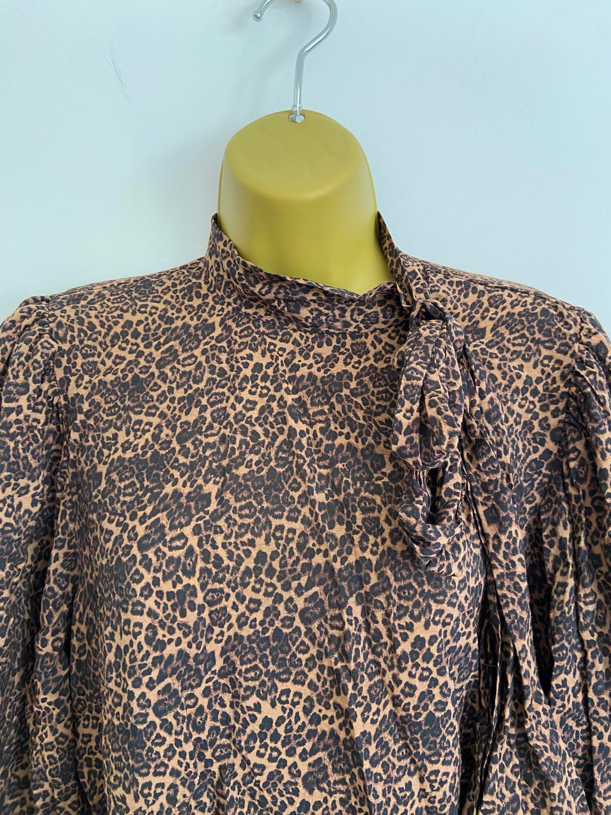 George Size 12 Leopard Print High Neck Blouse Tie Detail 3/4 Sleeve