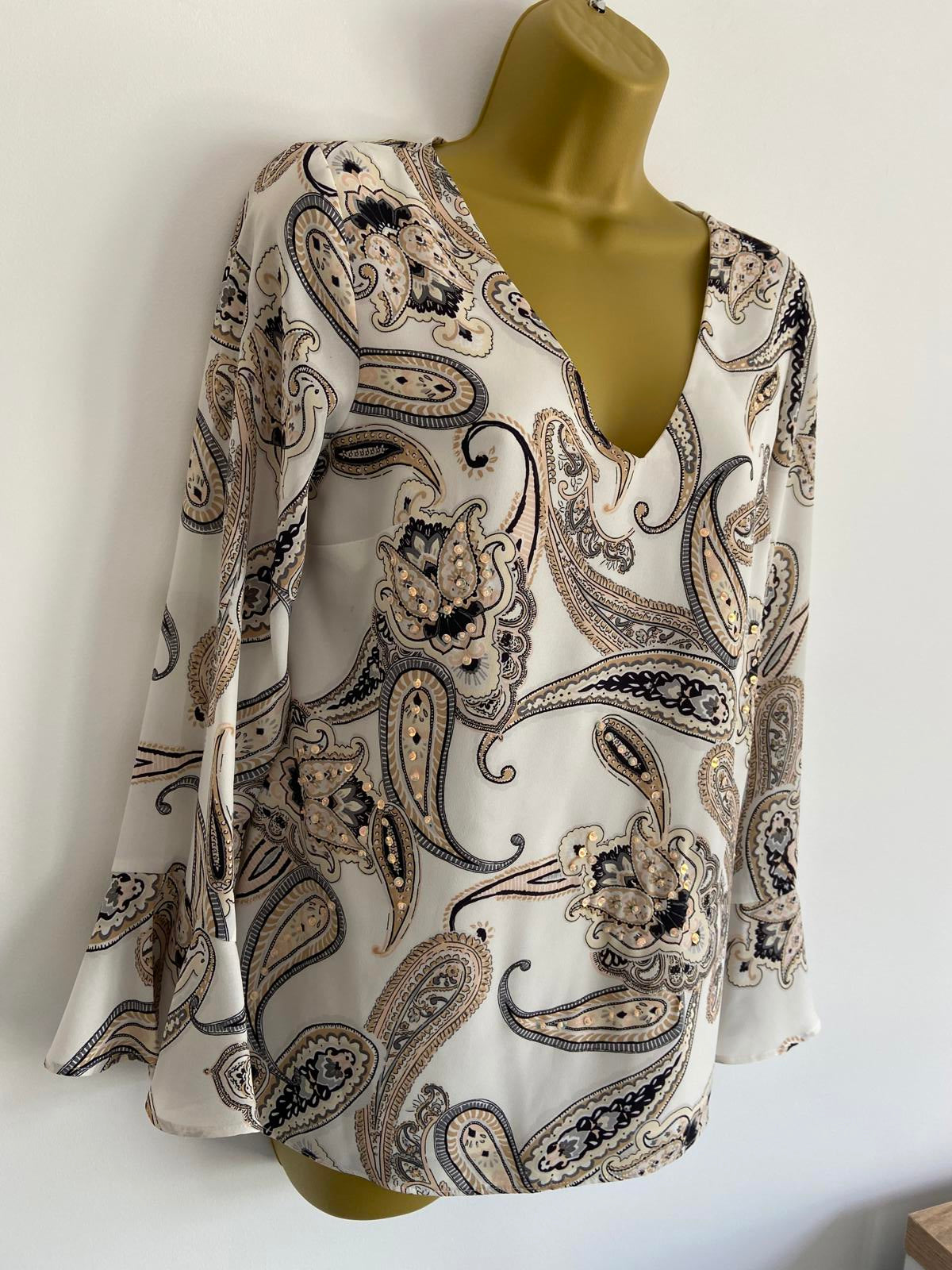 Wallis Size 8 White Paisley Sequin Bell Sleeve Top