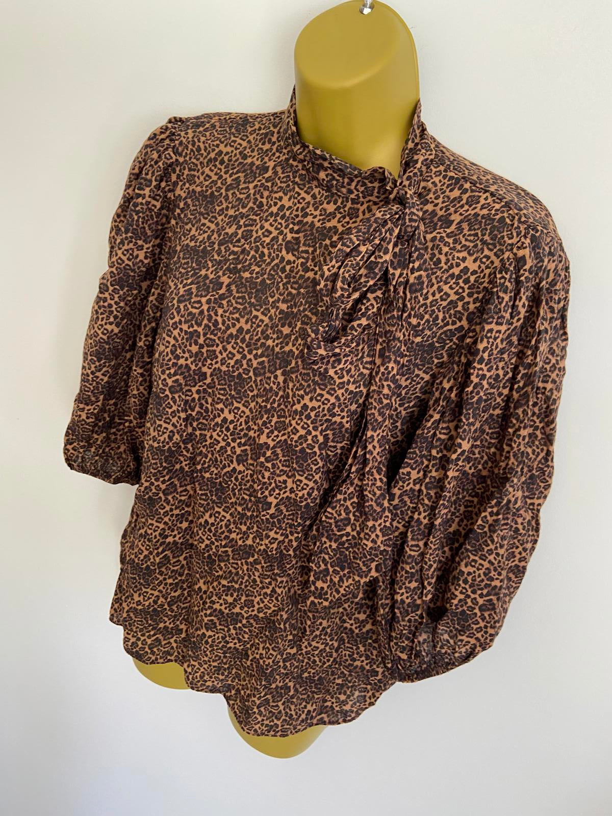George Size 12 Leopard Print High Neck Blouse Tie Detail 3/4 Sleeve