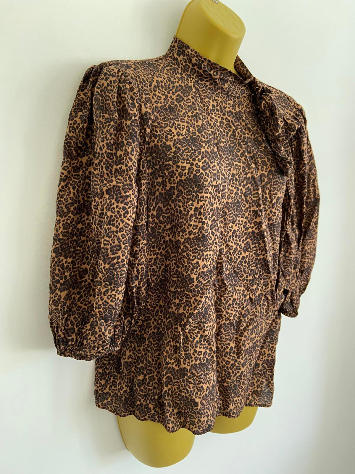 George Size 12 Leopard Print High Neck Blouse Tie Detail 3/4 Sleeve