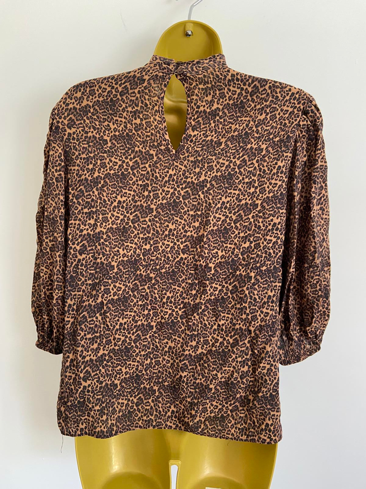 George Size 12 Leopard Print High Neck Blouse Tie Detail 3/4 Sleeve