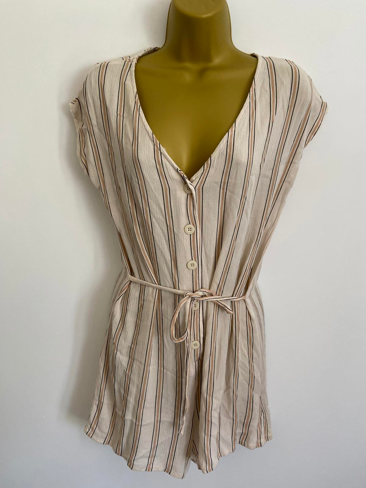 Primark Size 6 Cream Striped Playsuit Button Front Tie Waist 100% Viscose