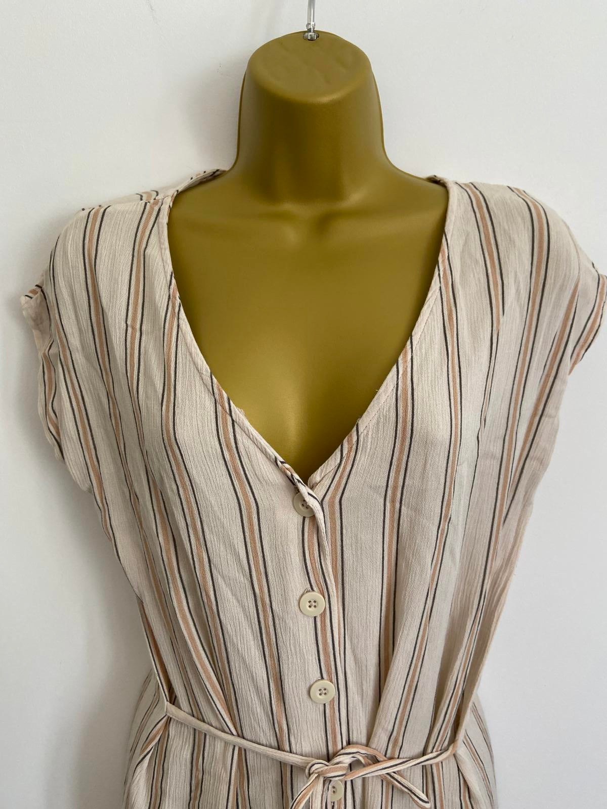 Primark Size 6 Cream Striped Playsuit Button Front Tie Waist 100% Viscose