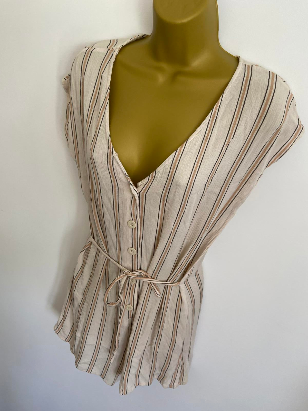 Primark Size 6 Cream Striped Playsuit Button Front Tie Waist 100% Viscose