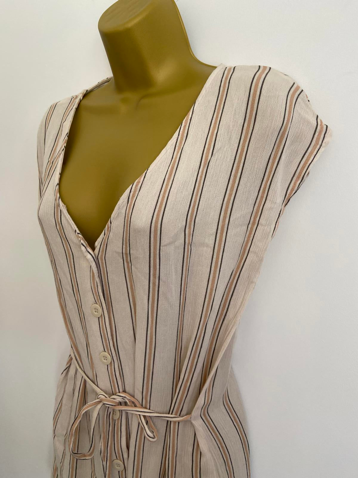 Primark Size 6 Cream Striped Playsuit Button Front Tie Waist 100% Viscose