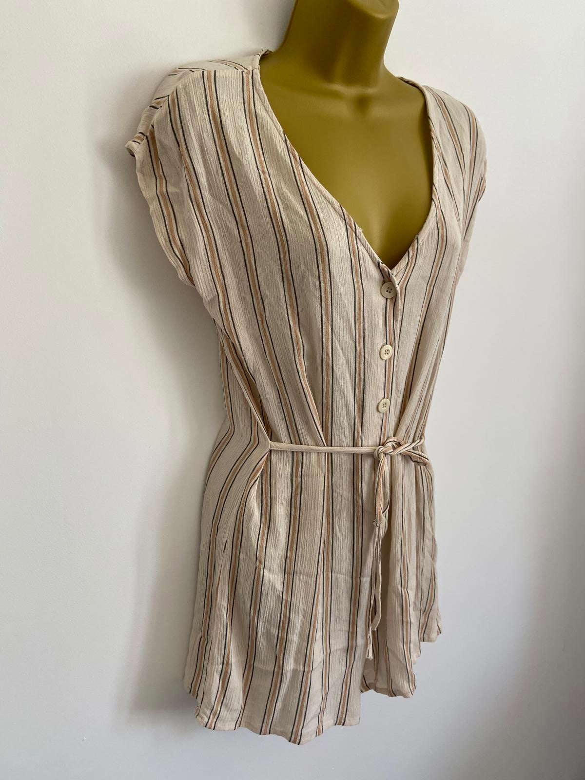 Primark Size 6 Cream Striped Playsuit Button Front Tie Waist 100% Viscose
