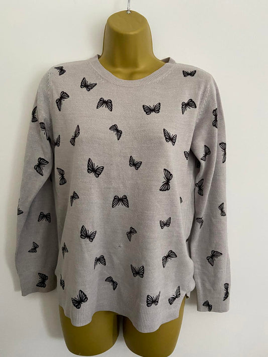 M&S Ladies Grey Butterfly Print Jumper / Sweater - All-Over Black Print, Size 10