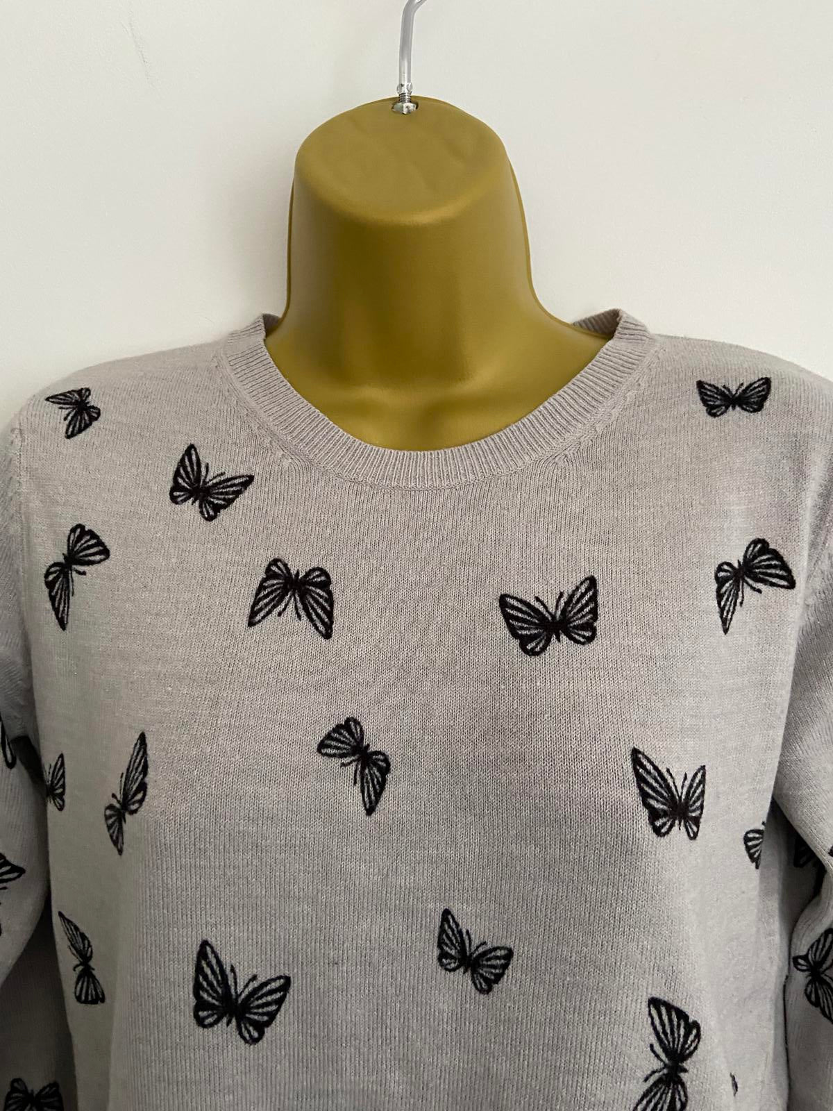 M&S Ladies Grey Butterfly Print Jumper / Sweater - All-Over Black Print, Size 10
