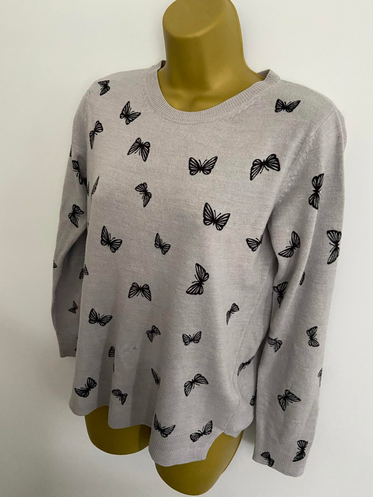 M&S Ladies Grey Butterfly Print Jumper / Sweater - All-Over Black Print, Size 10