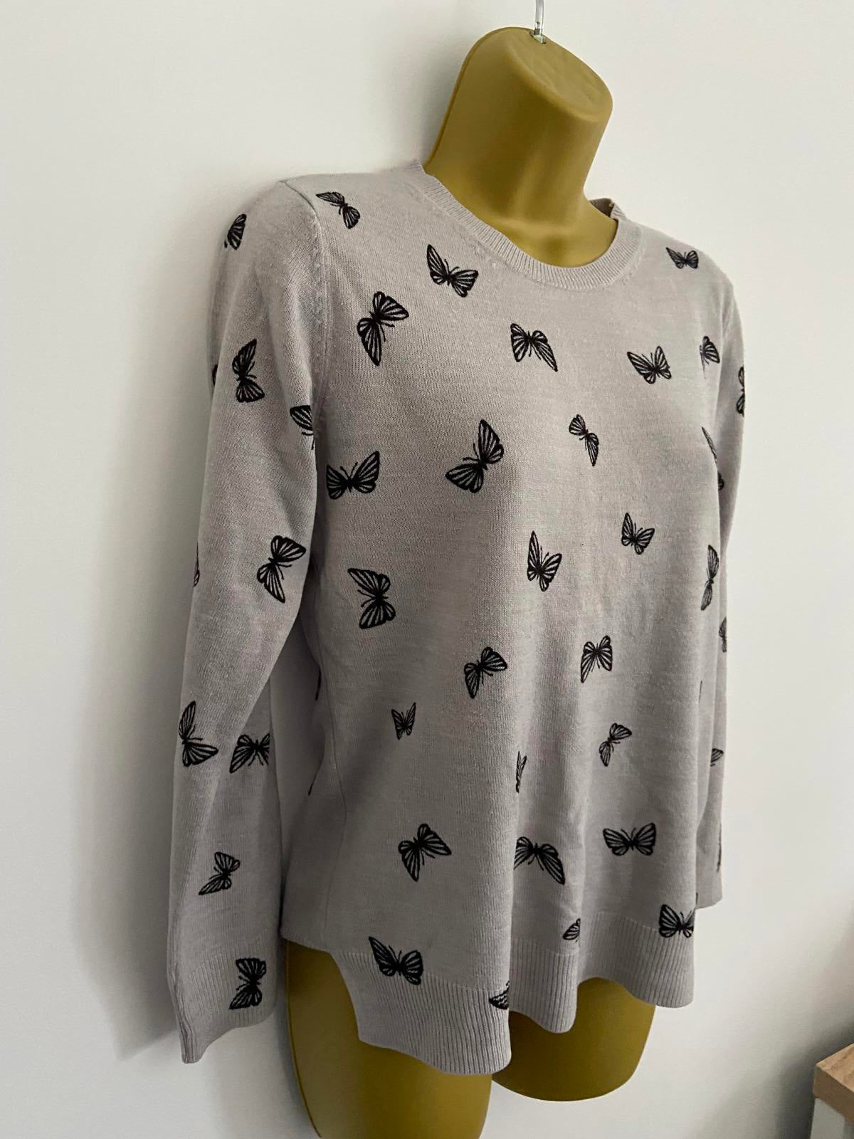 M&S Ladies Grey Butterfly Print Jumper / Sweater - All-Over Black Print, Size 10