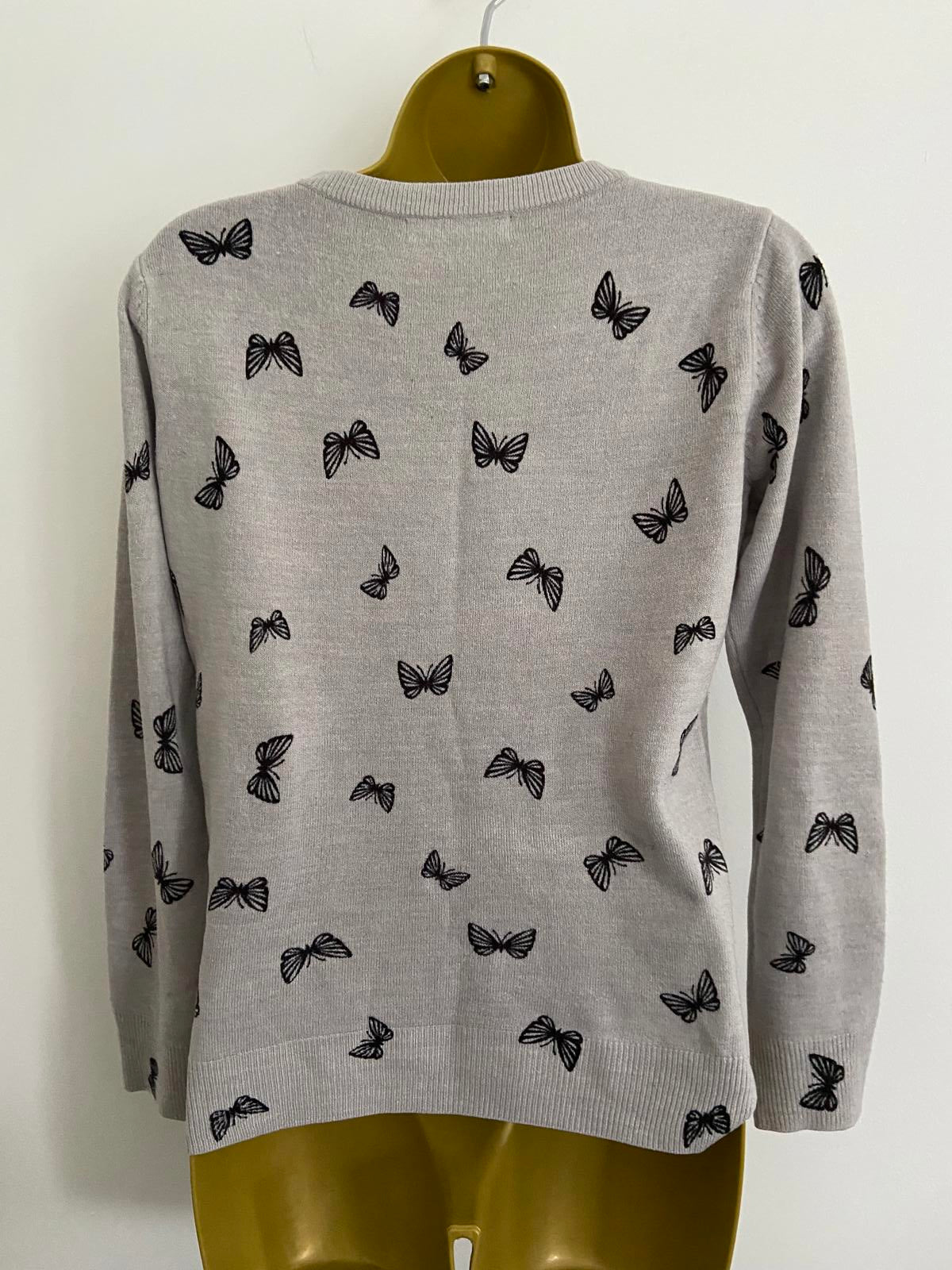 M&S Ladies Grey Butterfly Print Jumper / Sweater - All-Over Black Print, Size 10