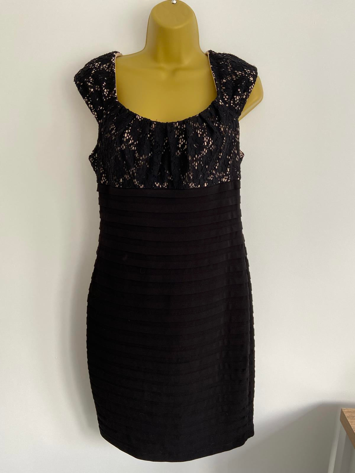 Wallis UK 12 Black Lace & Pleated Dress