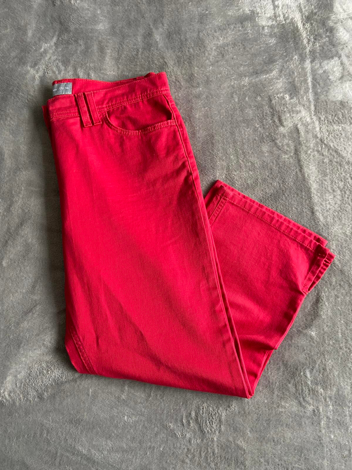 Per Una M&S Size 14 Regular Red Cropped Trousers Heart Detail Cotton Blend