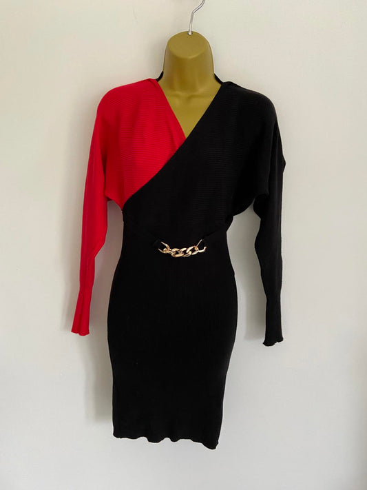 Shein Size XS Half Red Half Black Knit Dress Gold Chain Belt Detail