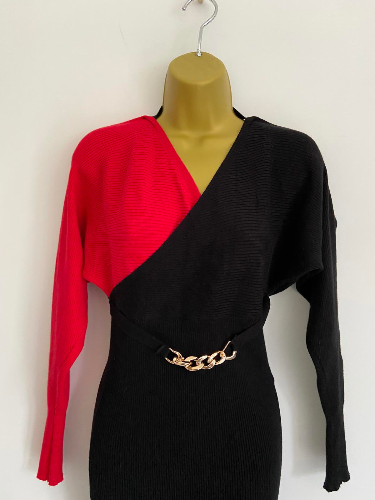 Shein Size XS Half Red Half Black Knit Dress Gold Chain Belt Detail