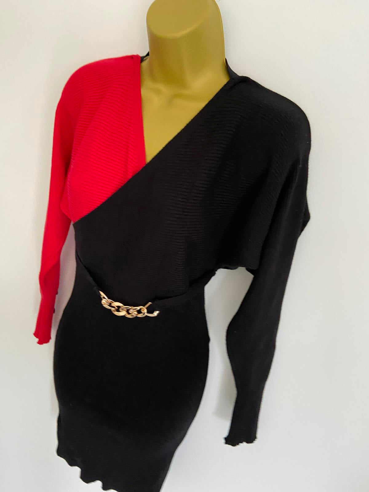 Shein Size XS Half Red Half Black Knit Dress Gold Chain Belt Detail