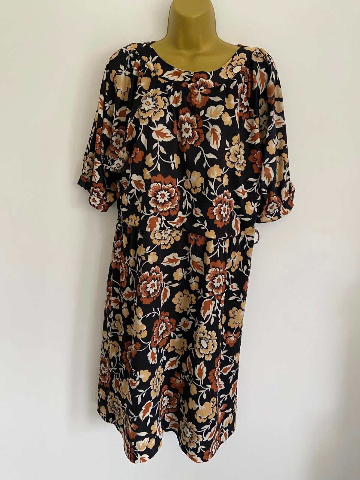 Vintage Style Black & Tan Floral Autumnal Midi Dress UK 18 100cm Length