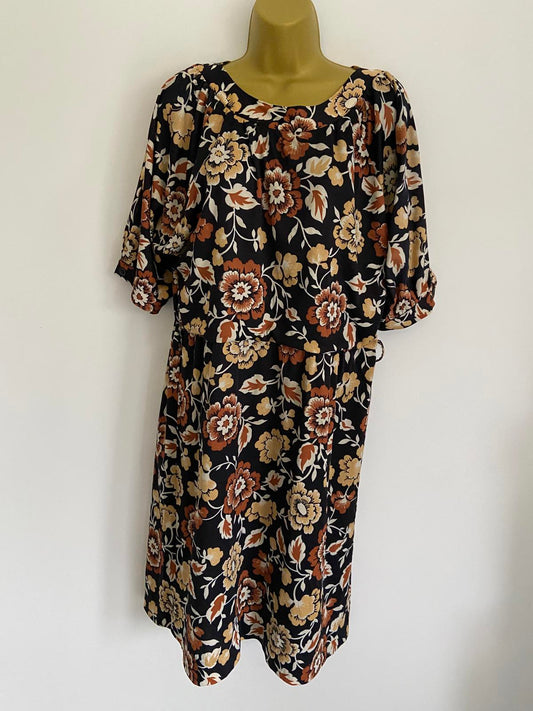 Vintage Style Black & Tan Floral Autumnal Midi Dress UK 18 100cm Length
