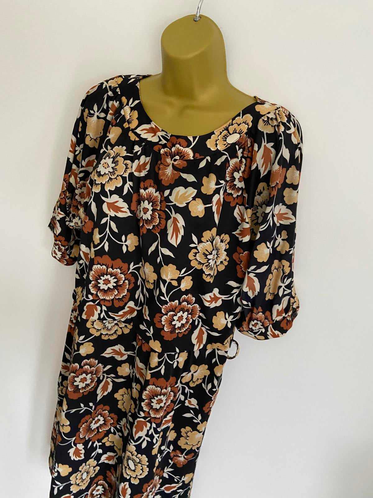 Vintage Style Black & Tan Floral Autumnal Midi Dress UK 18 100cm Length