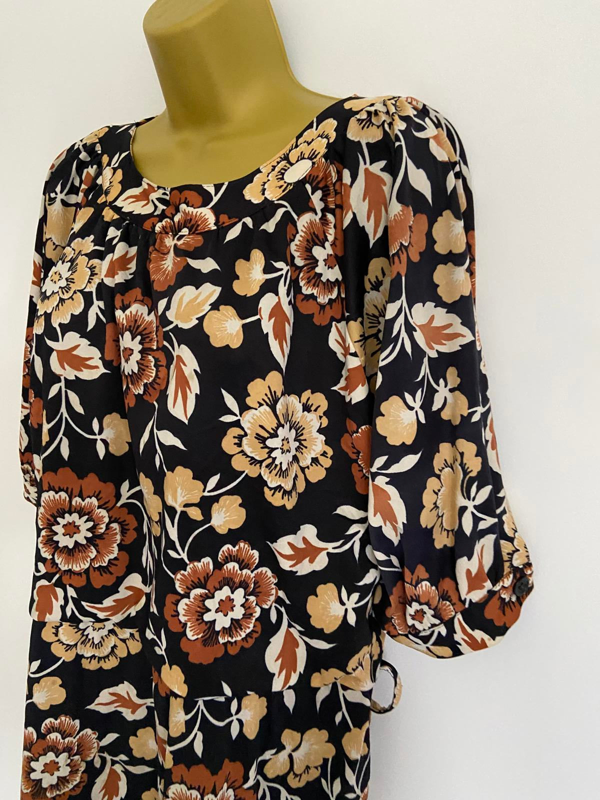 Vintage Style Black & Tan Floral Autumnal Midi Dress UK 18 100cm Length