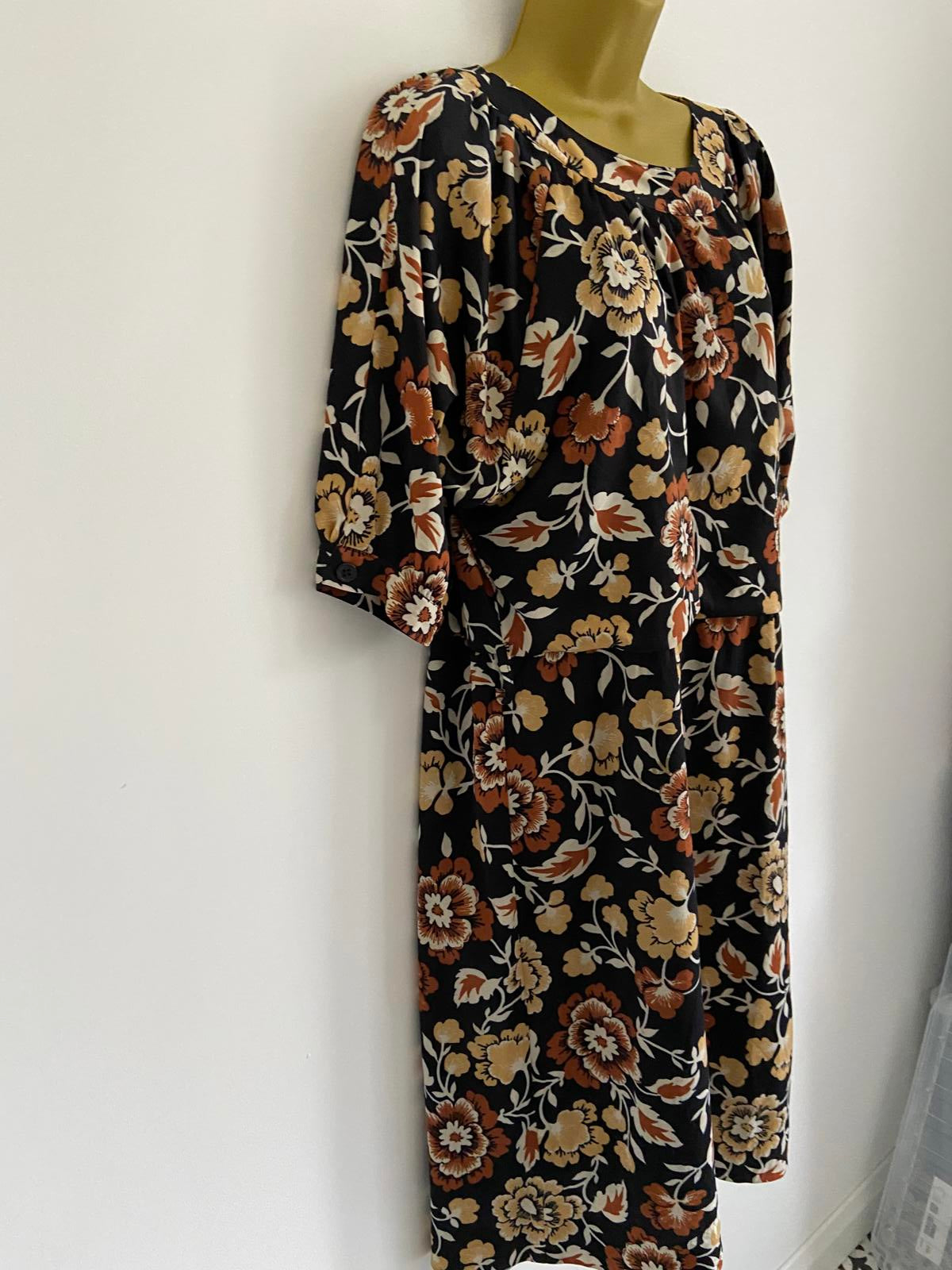 Vintage Style Black & Tan Floral Autumnal Midi Dress UK 18 100cm Length