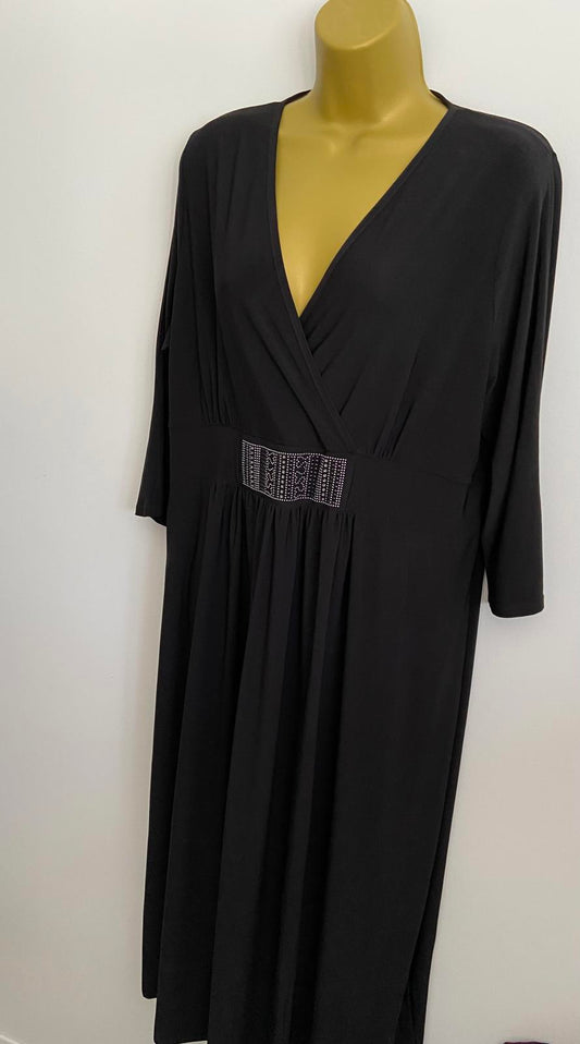 Grace Size 20 Black V-Neck Dress Sequin Waist Detail Raw Hem