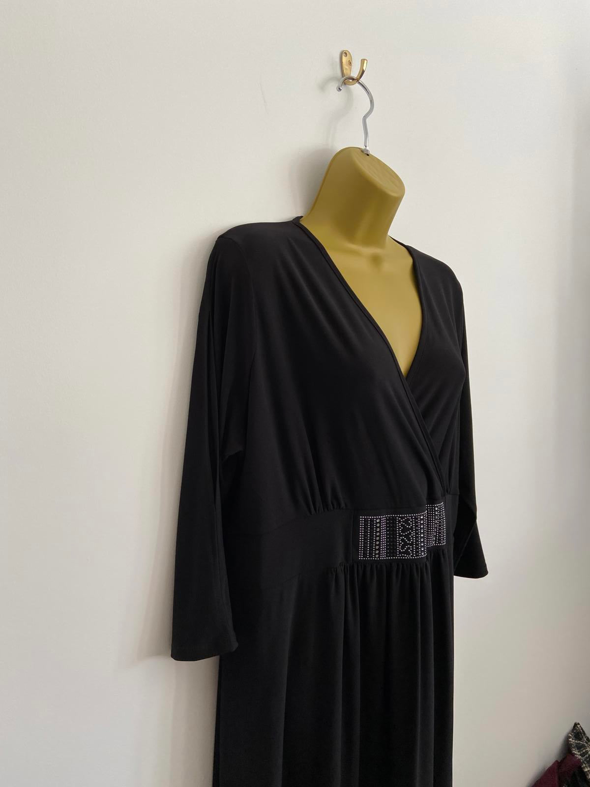 Grace Size 20 Black V-Neck Dress Sequin Waist Detail Raw Hem