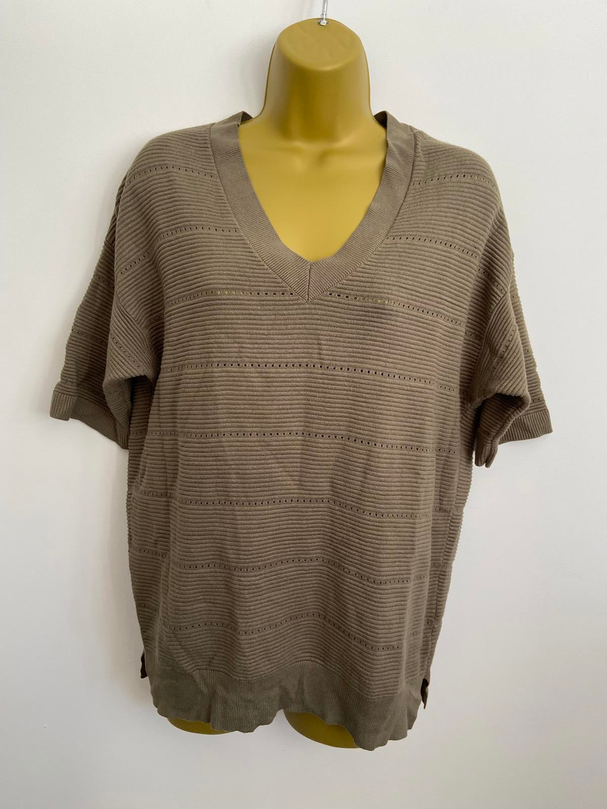 F&F Size Small Khaki Green Ribbed Knit Short Sleeve V-Neck Jumper