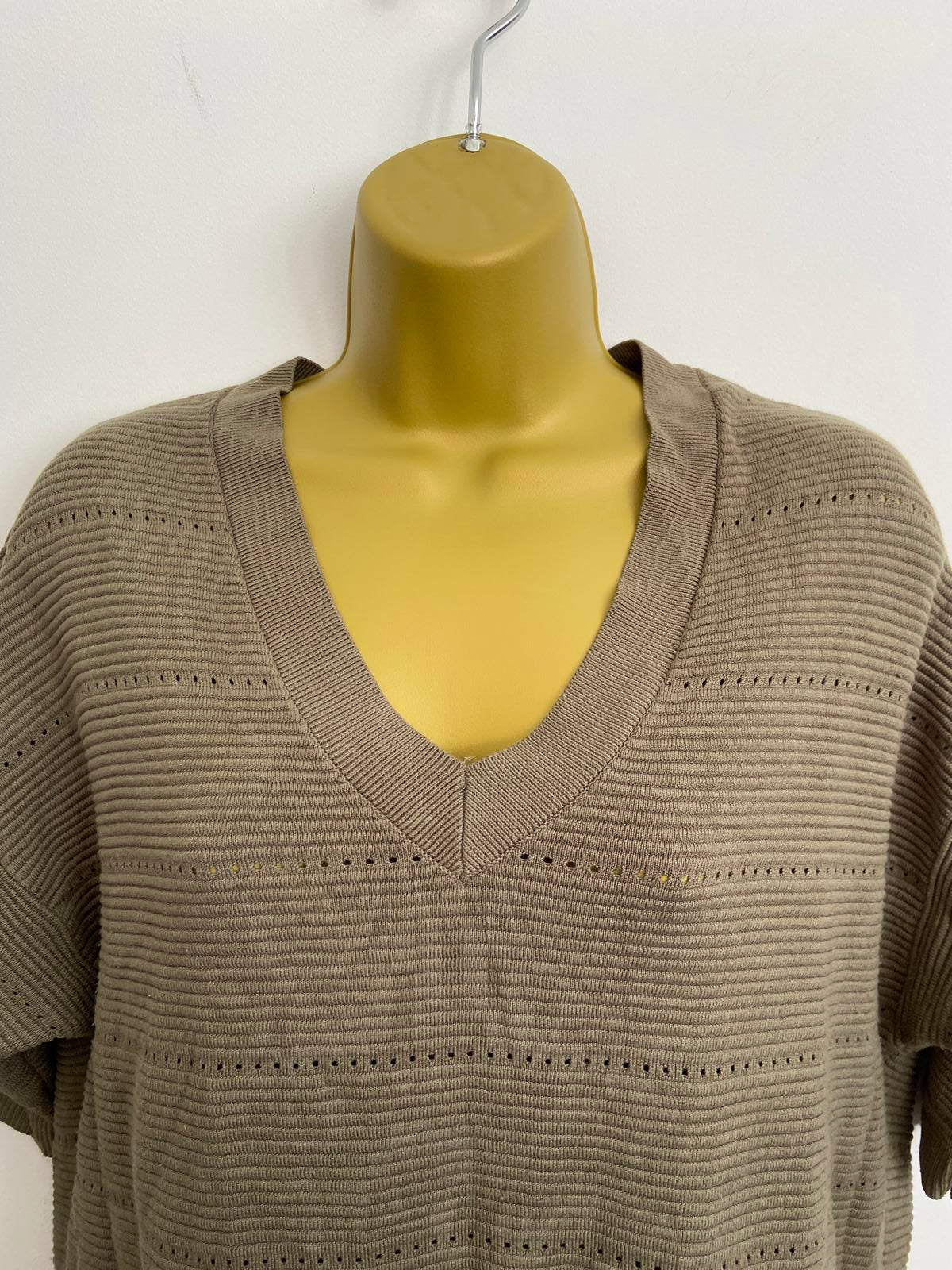 F&F Size Small Khaki Green Ribbed Knit Short Sleeve V-Neck Jumper