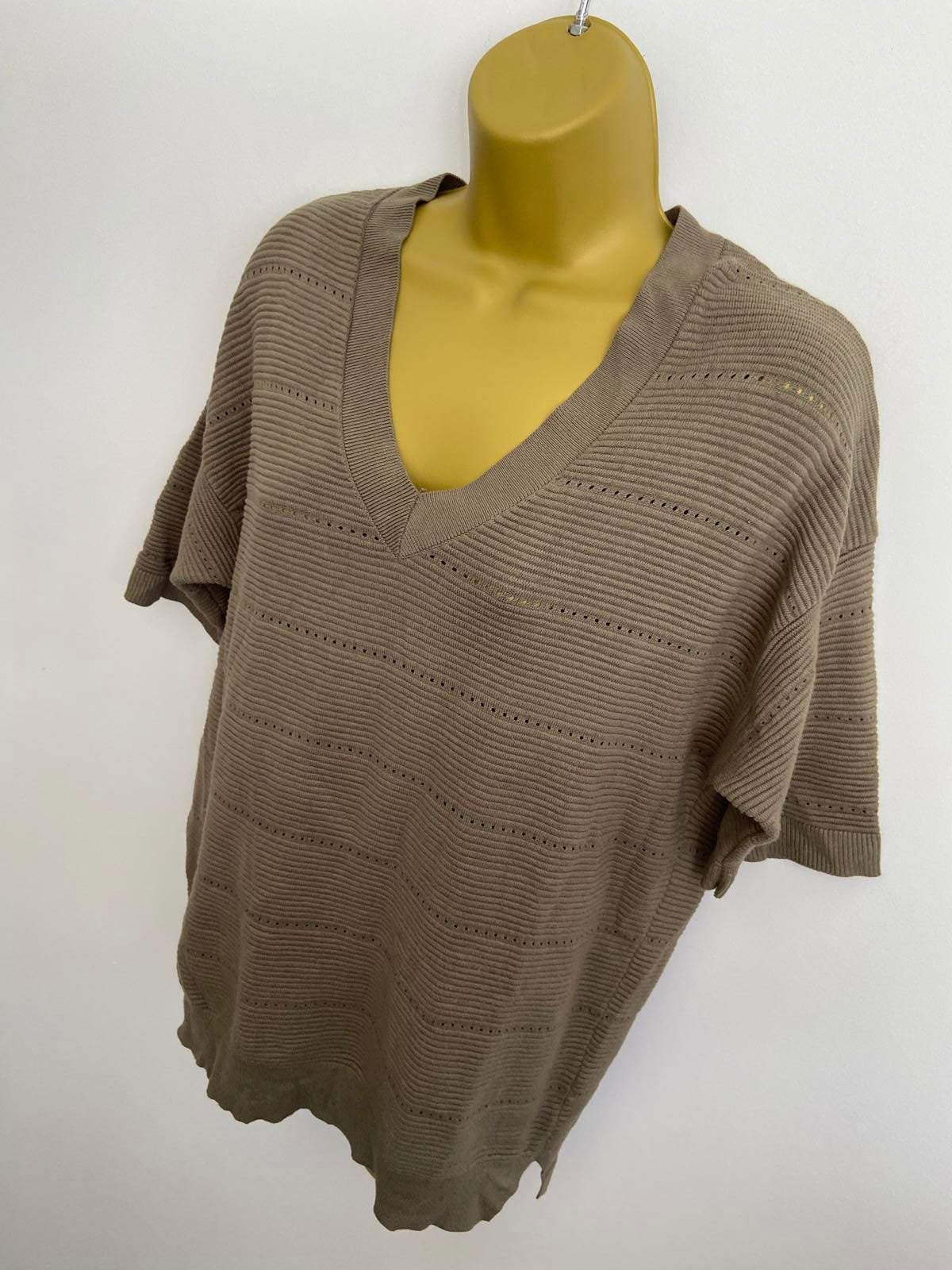 F&F Size Small Khaki Green Ribbed Knit Short Sleeve V-Neck Jumper